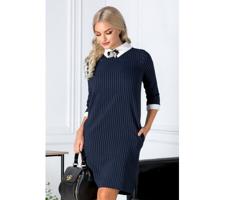 Rochie Katy office bleumarin cu dungi