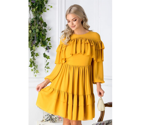 Rochie LaDonna Daisy galben mustar cu volanase