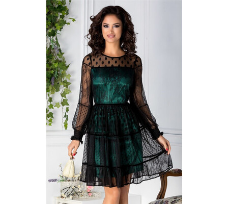 Rochie LaDonna verde din tull negru cu insertii florale si buline