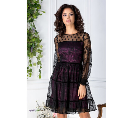 Rochie LaDonna violet din tull negru cu insertii florale si buline