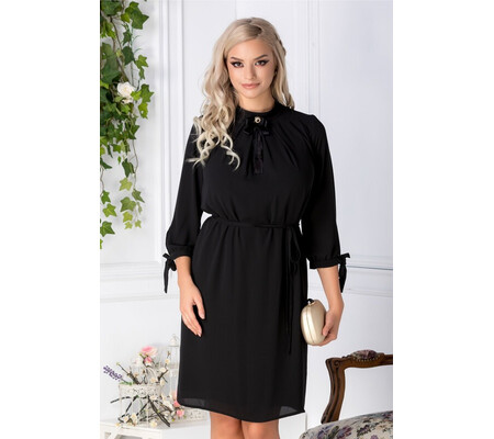 Rochie Leonard Collection neagra din voal cu funda la guler