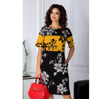 Rochie Leonard Collection negru cu galben si imprimeu floral