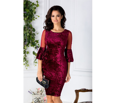 Rochie Mabel bordo din catifea cu reflexe si perle