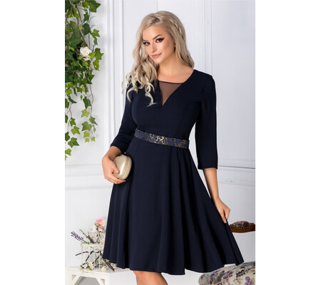 Rochie Madeline bleumarin cu cordon cu imprimeu in talie