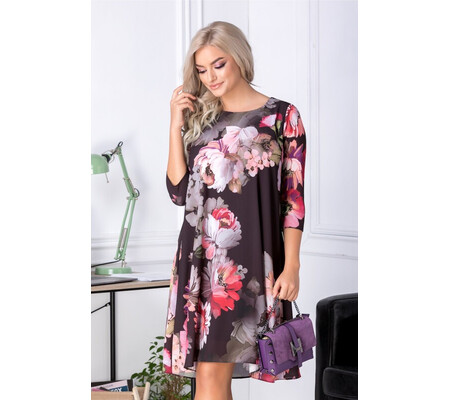 Rochie Mari evazata neagra cu flori mari roz