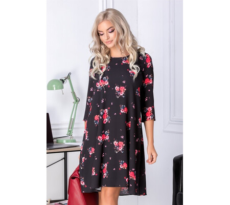 Rochie Mari evazata neagra cu flori rosii