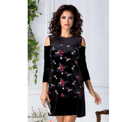 Rochie Moze din catifea neagra cu broderie florala