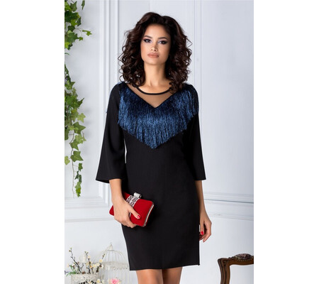 Rochie Moze neagra cu franjuri albastrii la decolteu