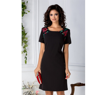 Rochie Naty neagra evazata cu detalii florale