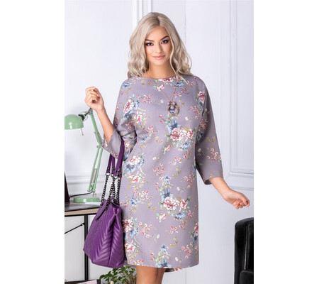 Rochie Patricia gri cu imprimeu floral pastelat