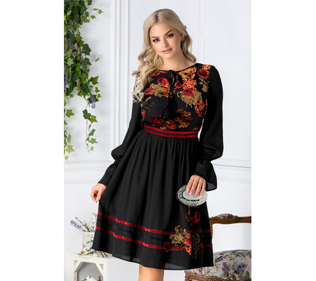 Rochie Paty neagra cu motive florale catifelate bordo