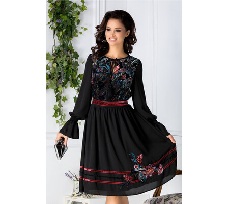 Rochie Paty neagra cu motive florale catifelate colorate