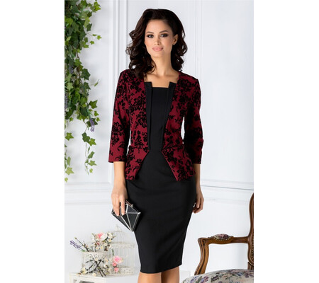 Rochie Pauline bordo si negru cu peplum si insertii catifelate