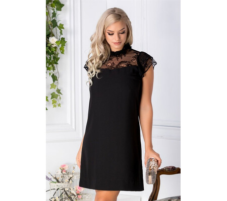 Rochie Sophie neagra cu dantela la bust si maneci