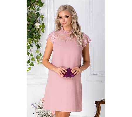 Rochie Sophie roz cu dantela la bust si maneci