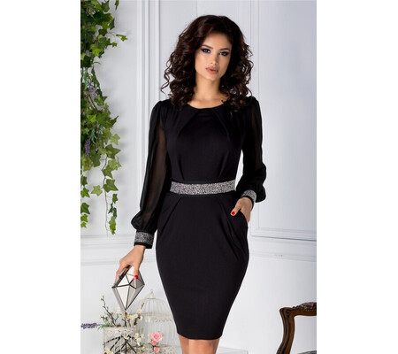 Rochie Tiny neagra cu strasuri si maneci din voal