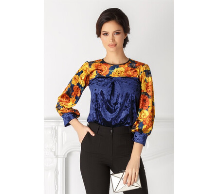 Bluza Moze albastra cu print floral galben