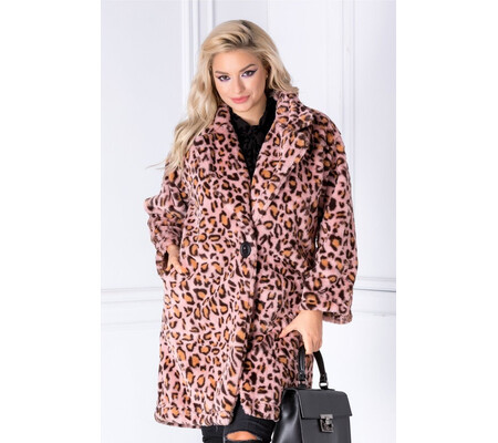 Palton roz cu animal print din blana ecologica