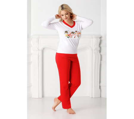 Pijama Christmas alb cu rosu si imprimeu de iarna