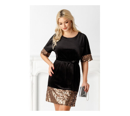 Rochie Aisha neagra din catifea cu paiete bronz