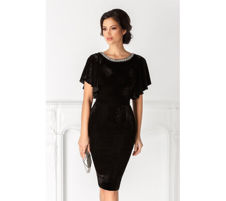 Rochie Ana neagra din catifea cu aplicatie pretioasa la guler