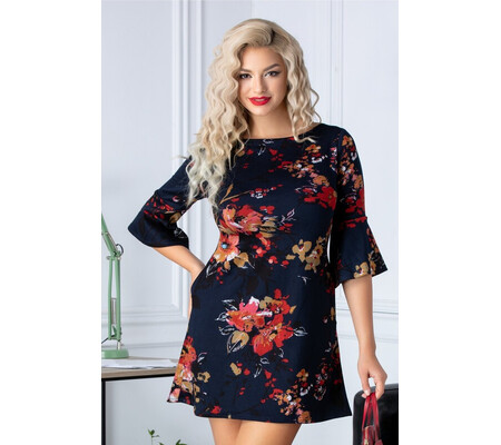 Rochie Bella bleumarin cu imprimeu floral rosu