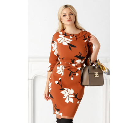 Rochie Cecilia maro cu imprimeu floral alb si negru