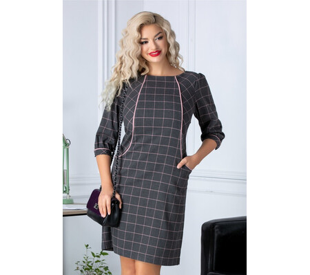 Rochie Daniela office gri cu carouri si buzunare