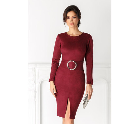 Rochie Elisa bordo catifelata cu cordon in talie