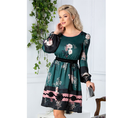 Rochie Emy verde cu imprimeu floral roz