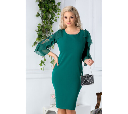 Rochie Engrail verde de ocazie cu broderie la maneci