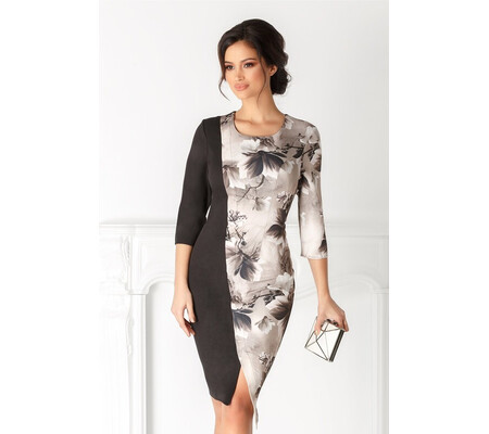 Rochie Ivone neagra cu imprimeu floral bej