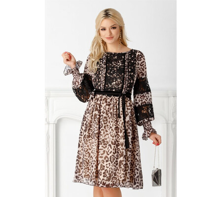 Rochie LaDonna gri cu animal print si broderie