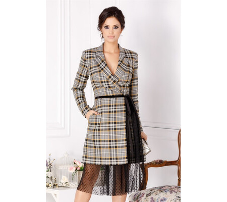 Rochie LaDonna tip sacou in carouri si tull cu buline