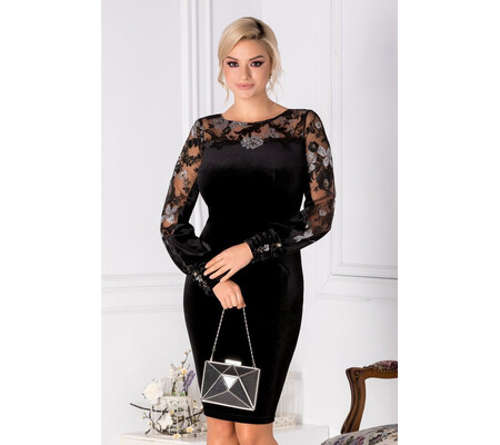 Rochie Leonard Collection neagra din catifea cu broderie aplicata la maneci si bust