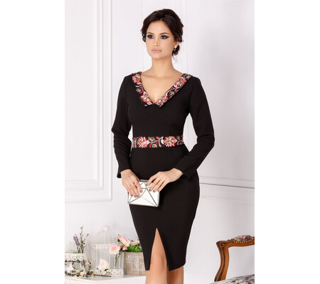 Rochie Natasa neagra cu broderie in nuante roz