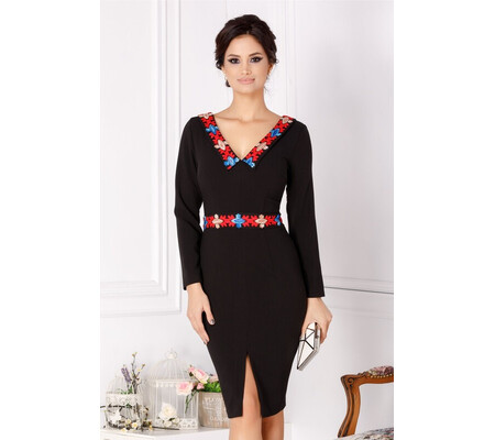 Rochie Natasa neagra cu broderie rosie