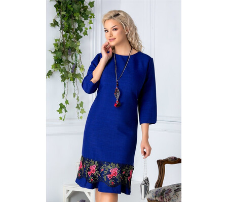 Rochie Saly albastru indigo cu dantela brodata floral