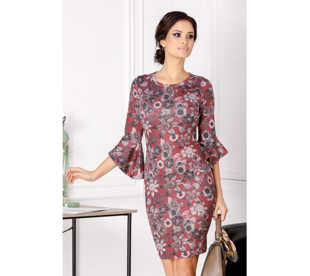 Rochie Stefania conica bordo cu imprimeu floral gri