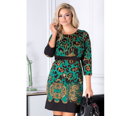 Rochie Xander verde cu imprimeu negru-maro