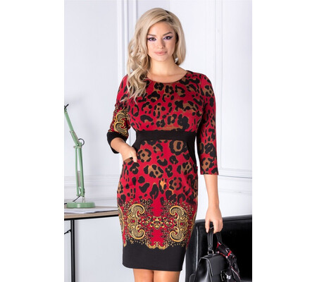 Rochie Ynes rosie cu imprimeu negru